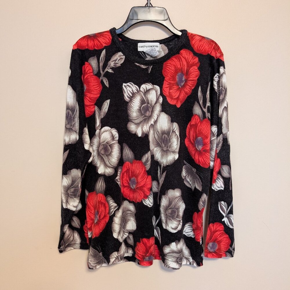 Cathy Daniels roses lightweight sweater red white and black Large EUC